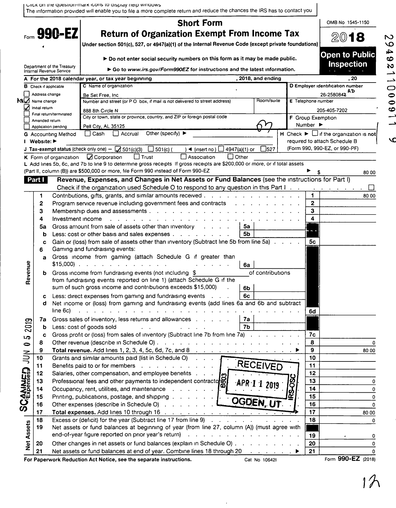 Image of first page of 2018 Form 990EZ for Be Set Free