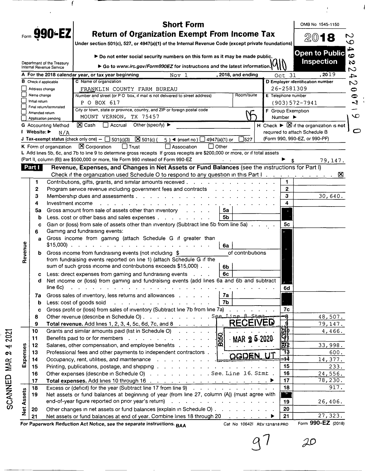 Image of first page of 2018 Form 990EO for Franklin County Farm Bureau