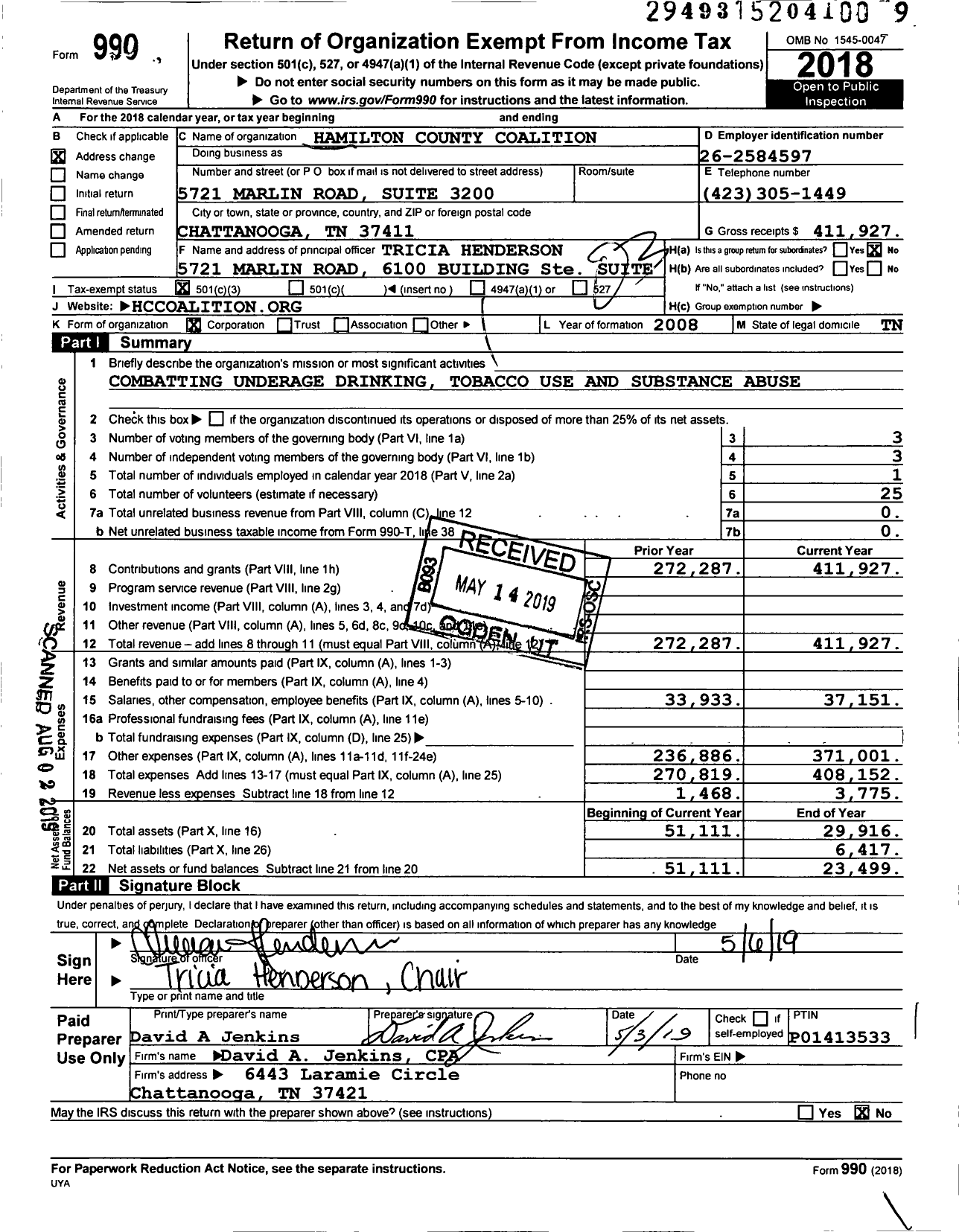 Image of first page of 2018 Form 990 for Hamilton County Coalition