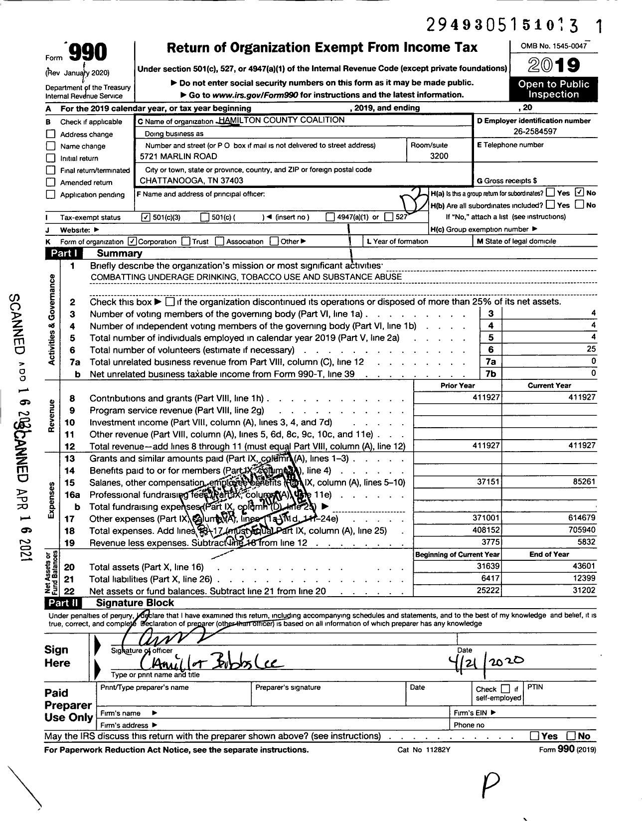 Image of first page of 2019 Form 990 for Hamilton County Coalition