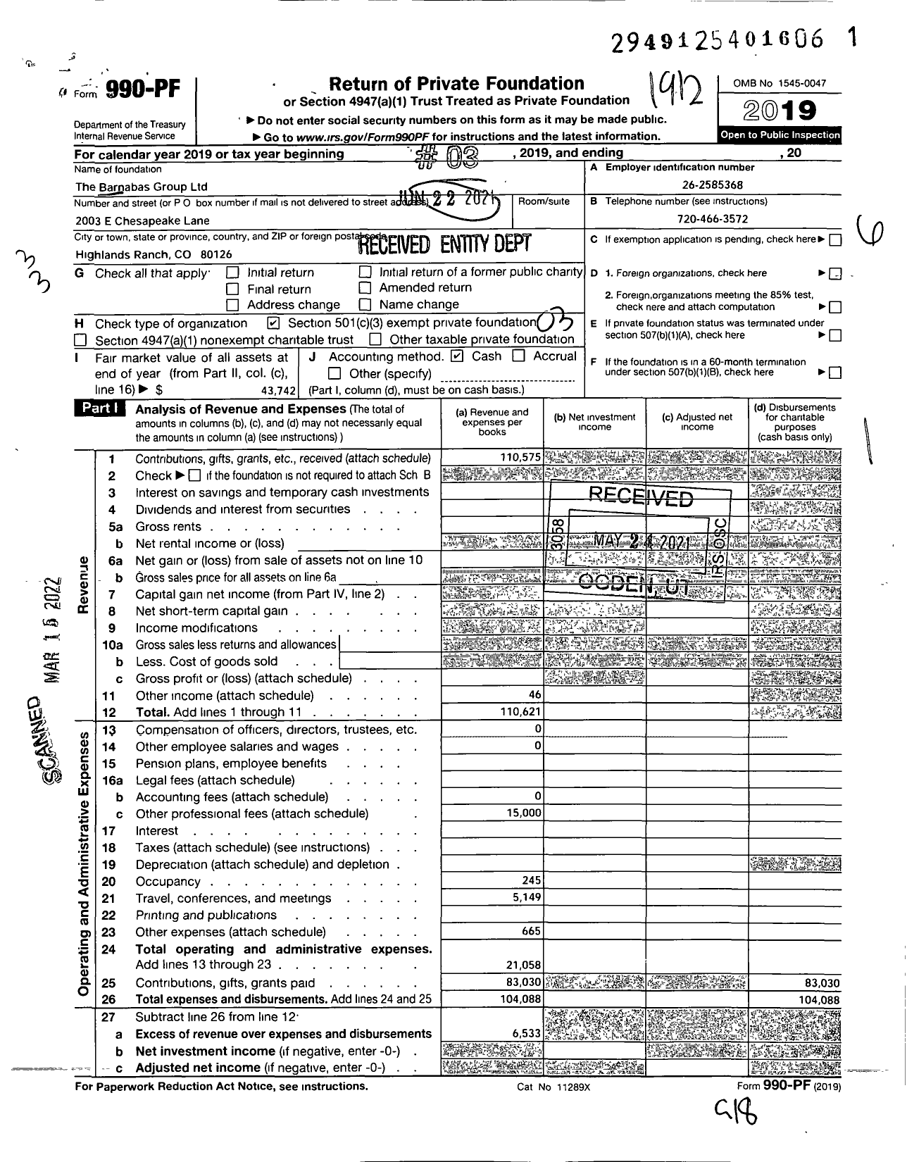 Image of first page of 2019 Form 990PF for The Barnabas Group