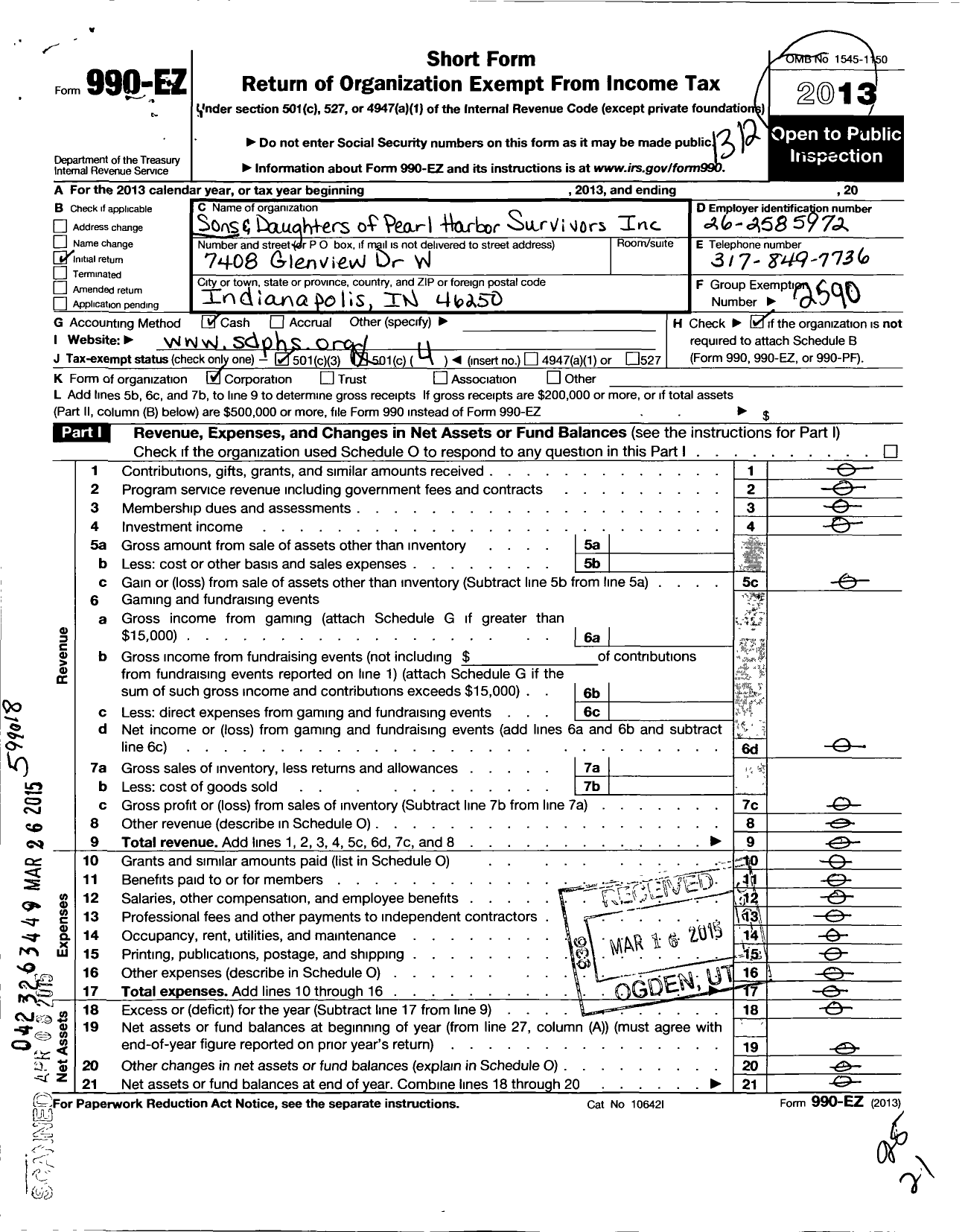 Image of first page of 2013 Form 990EO for Sons and Daughters Pearl Harbor Survivors - 1 Pearl of Indy Chapter