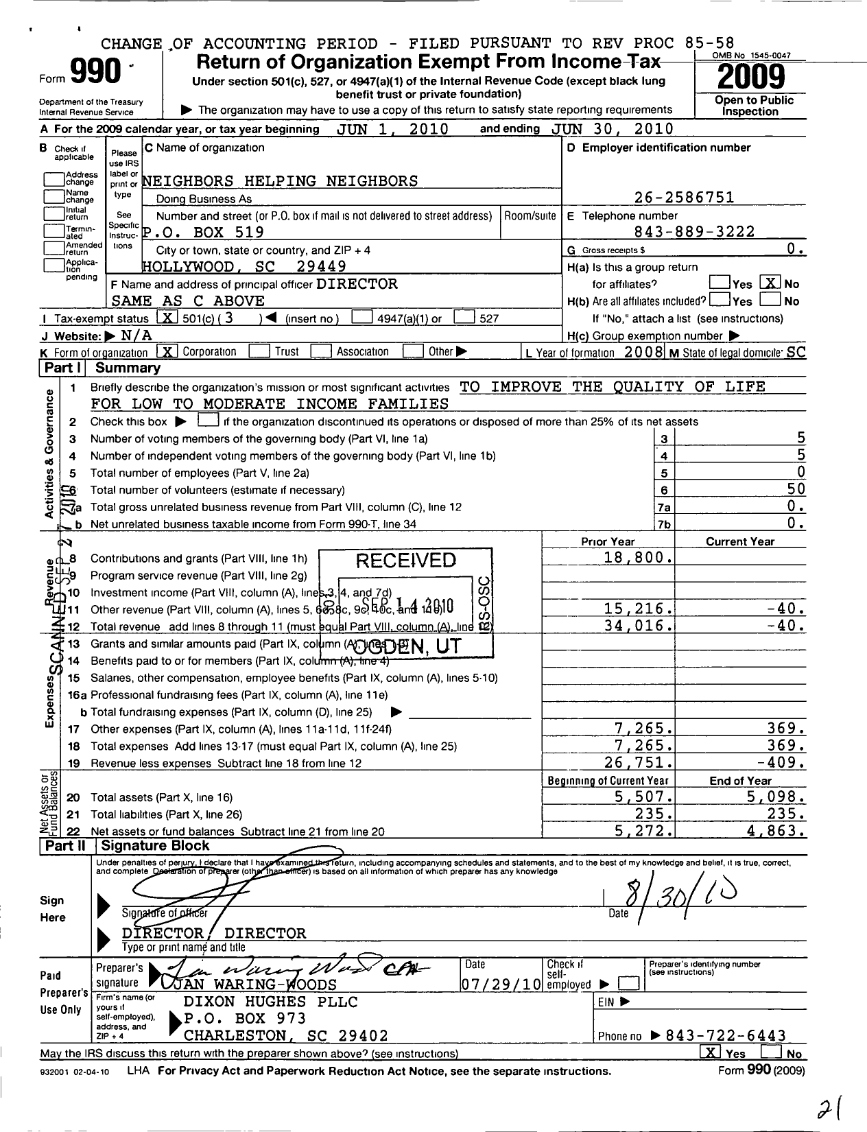 Image of first page of 2009 Form 990 for Neighbors Helping Neighbors CDC