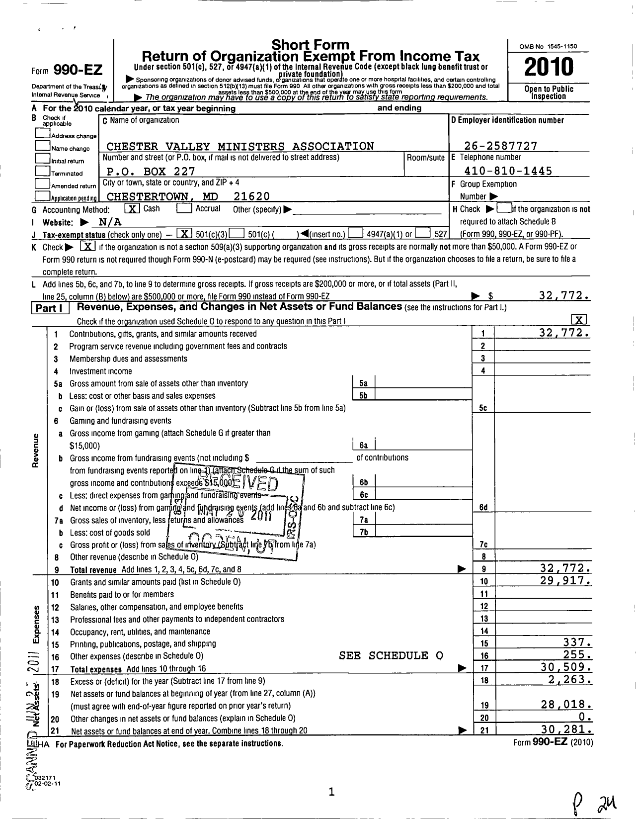 Image of first page of 2010 Form 990EZ for Chester Valley Ministers Association