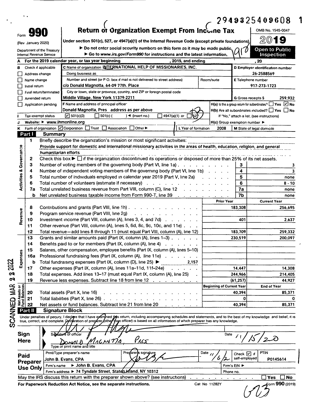 Image of first page of 2019 Form 990 for International Help of Missionaries