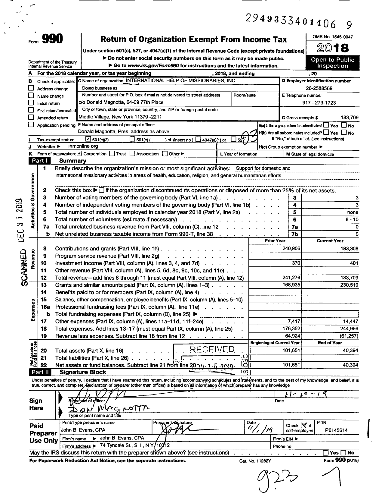 Image of first page of 2018 Form 990 for International Help of Missionaries