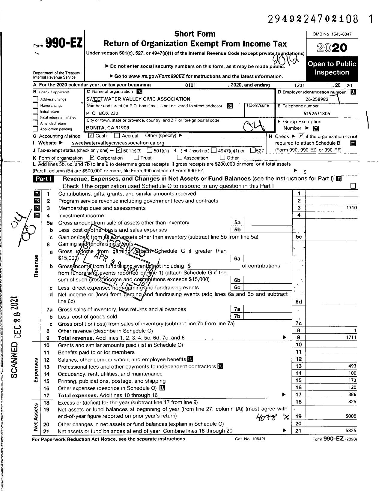 Image of first page of 2020 Form 990EO for Sweetwater Valley Civic Association