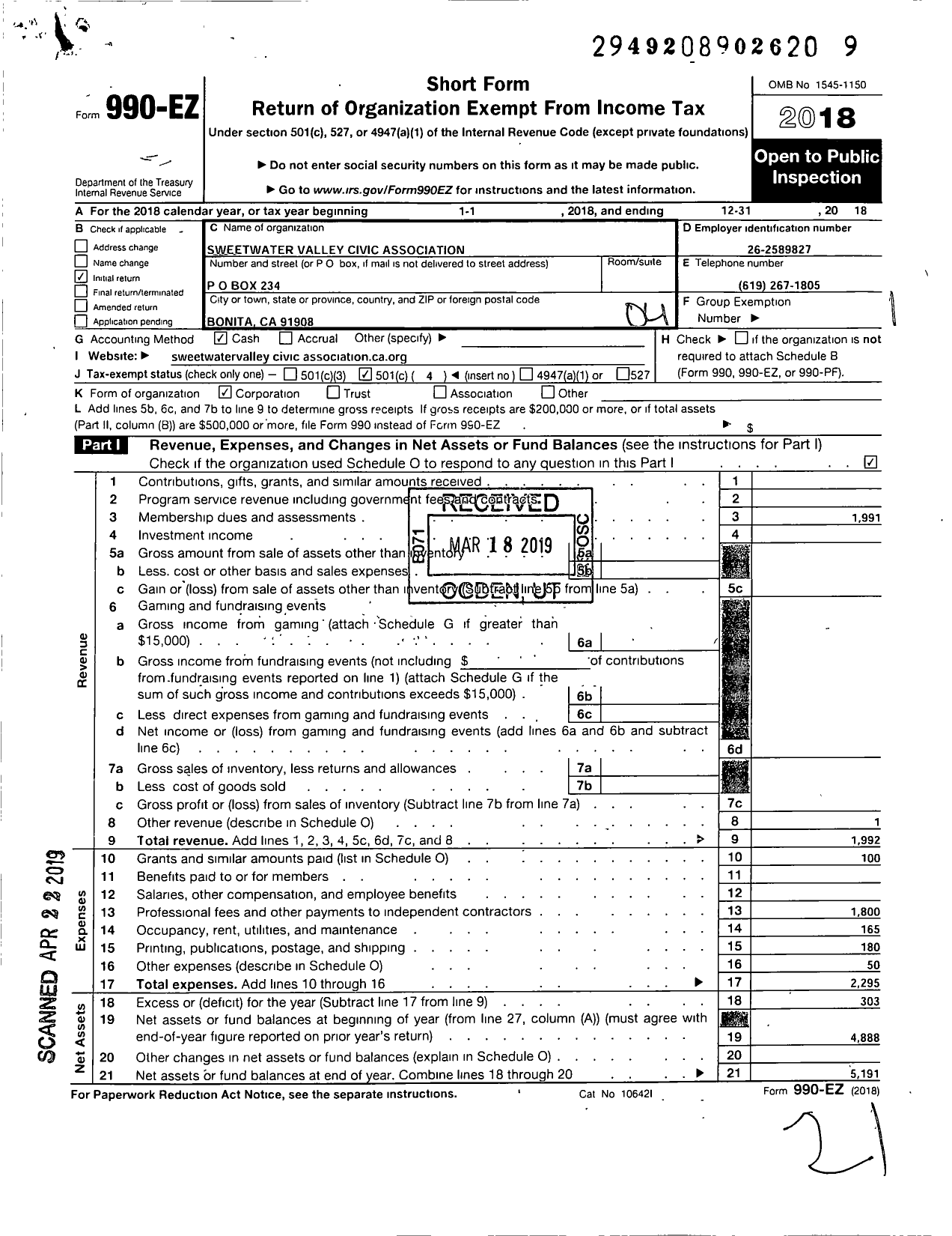 Image of first page of 2018 Form 990EO for Sweetwater Valley Civic Association