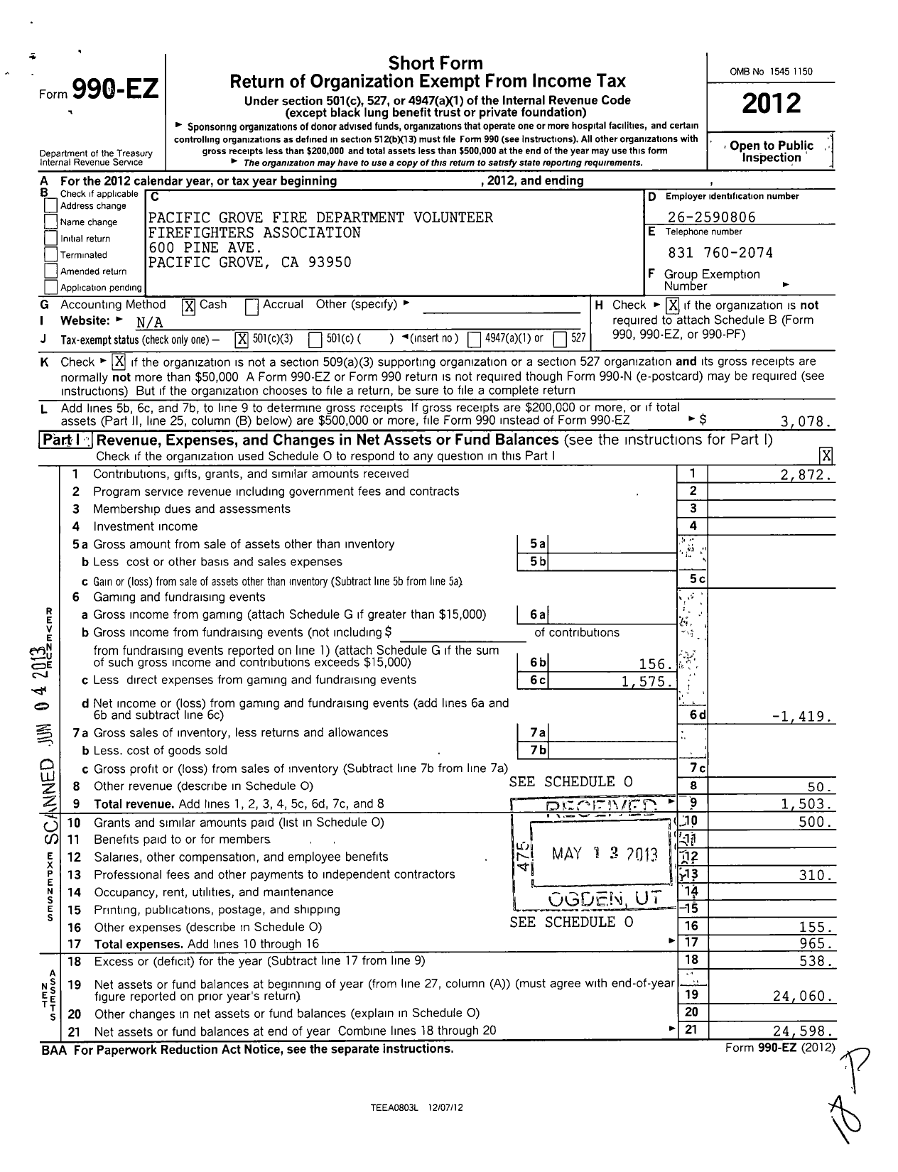 Image of first page of 2012 Form 990EZ for Pacific Grove Fire Department Volunteer Firefighters Association