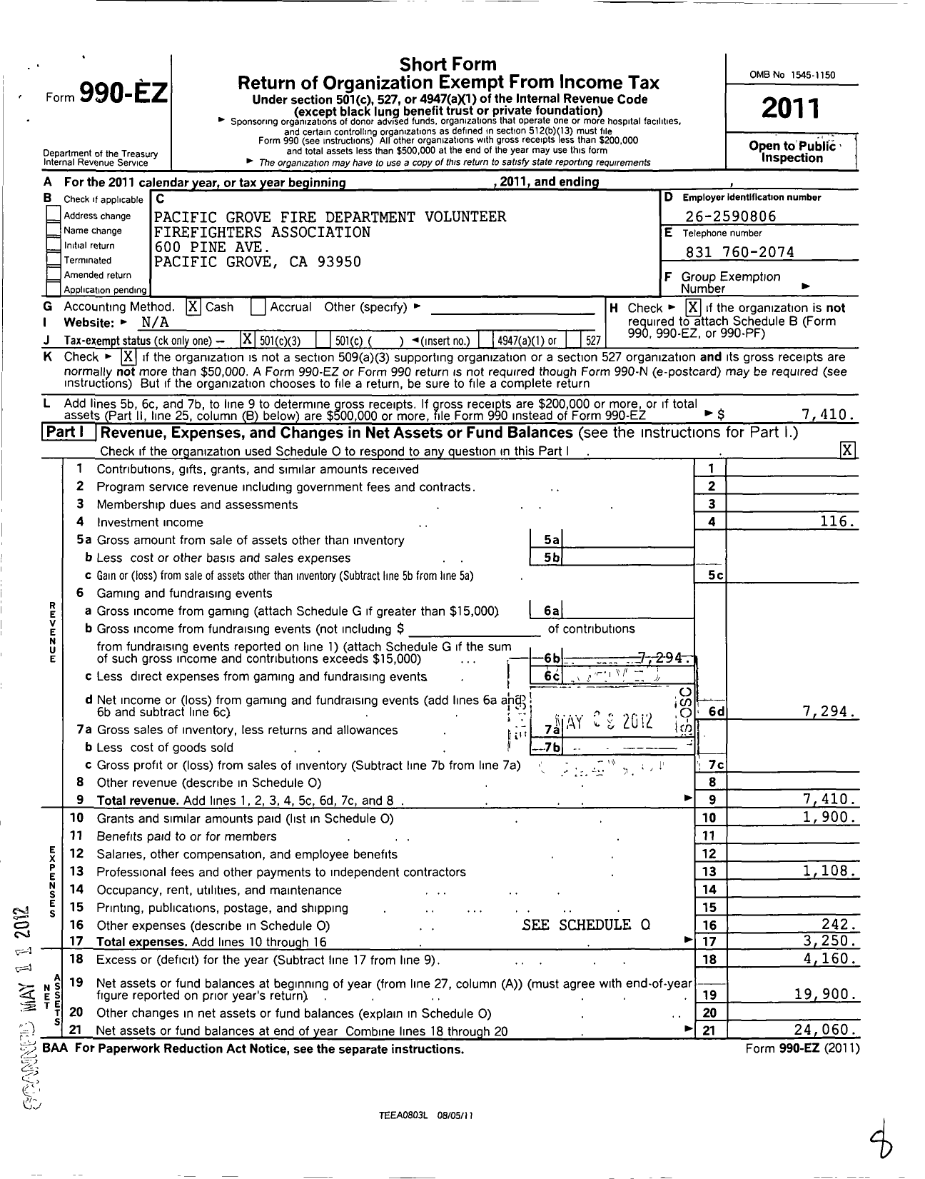 Image of first page of 2011 Form 990EZ for Pacific Grove Fire Department Volunteer Firefighters Association