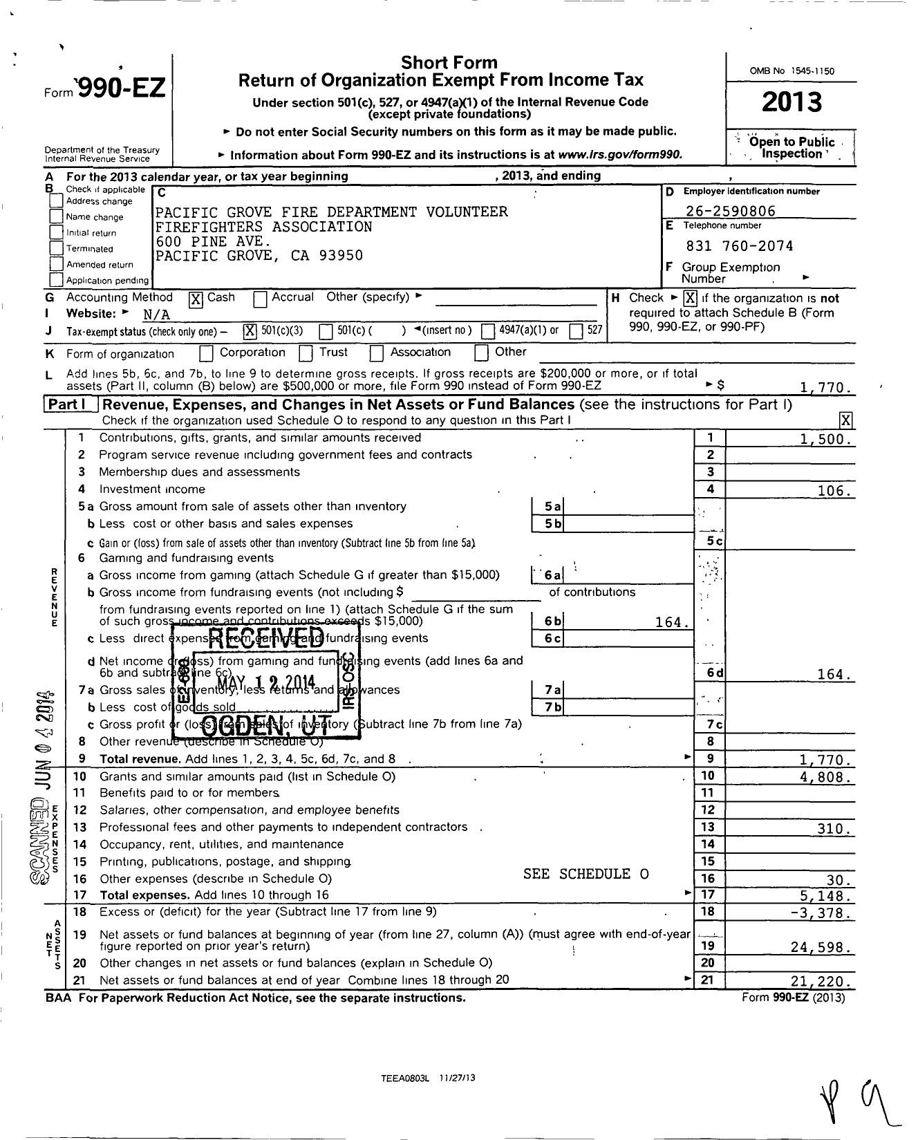 Image of first page of 2013 Form 990EZ for Pacific Grove Fire Department Volunteer Firefighters Association