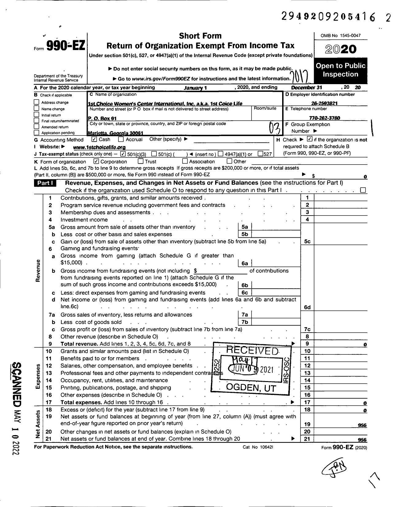 Image of first page of 2020 Form 990EZ for 1st CHOICE WOMENS CENTERS INTERNATIONAL