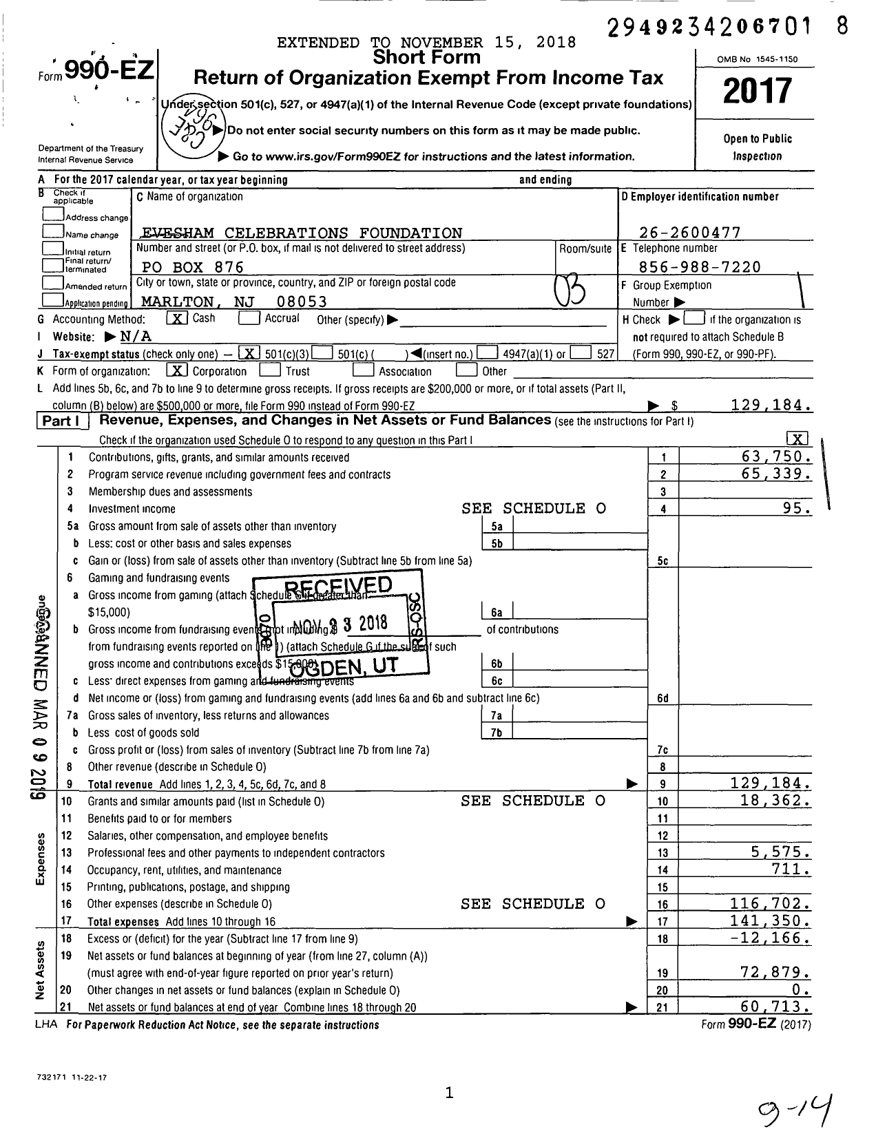 Image of first page of 2017 Form 990EZ for Evesham Celebrations Foundation