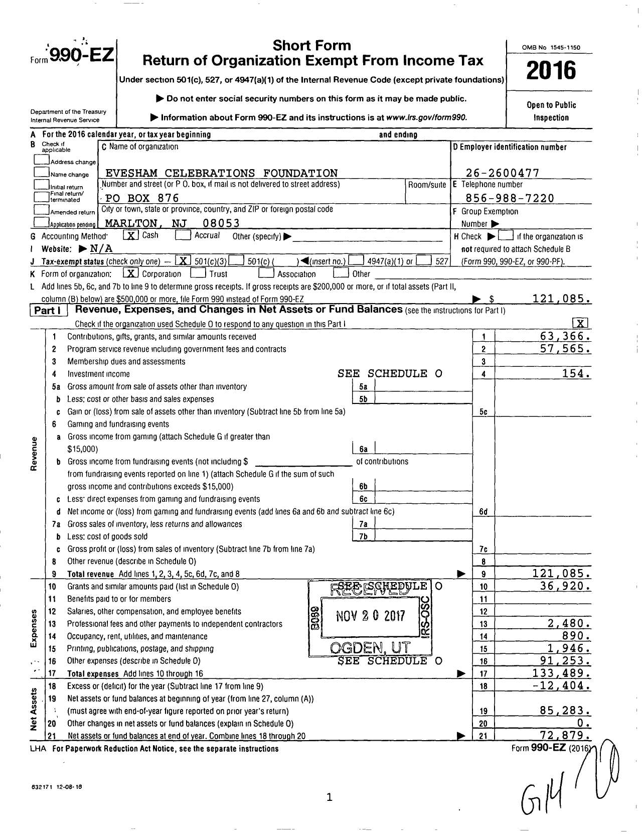 Image of first page of 2016 Form 990EZ for Evesham Celebrations Foundation