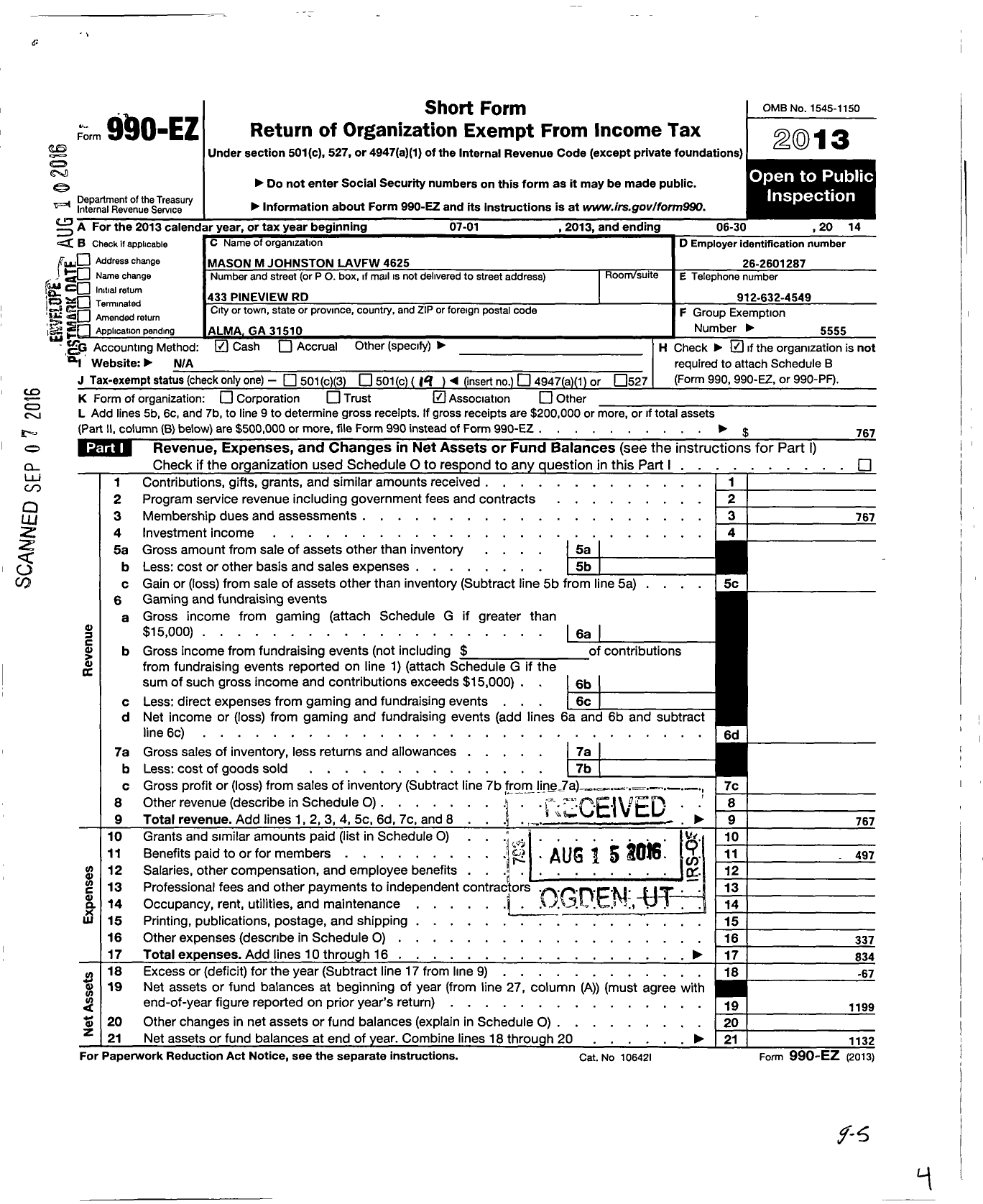 Image of first page of 2013 Form 990EO for Dept of Georgia Ladies Auxiliary To the VFW of the United States - 4625 Mason M Johnston Post