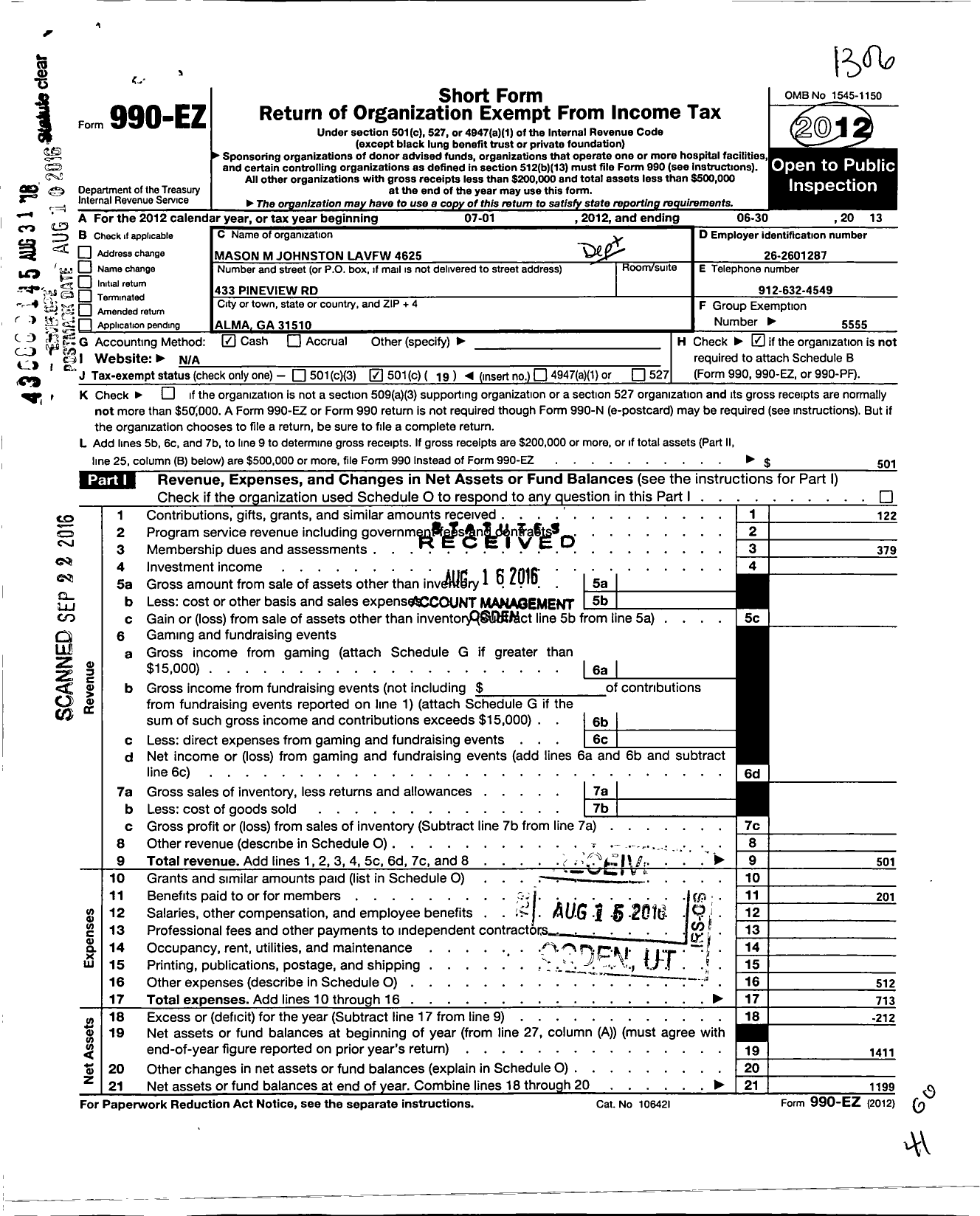 Image of first page of 2012 Form 990EO for Dept of Georgia Ladies Auxiliary To the VFW of the United States - 4625 Mason M Johnston Post