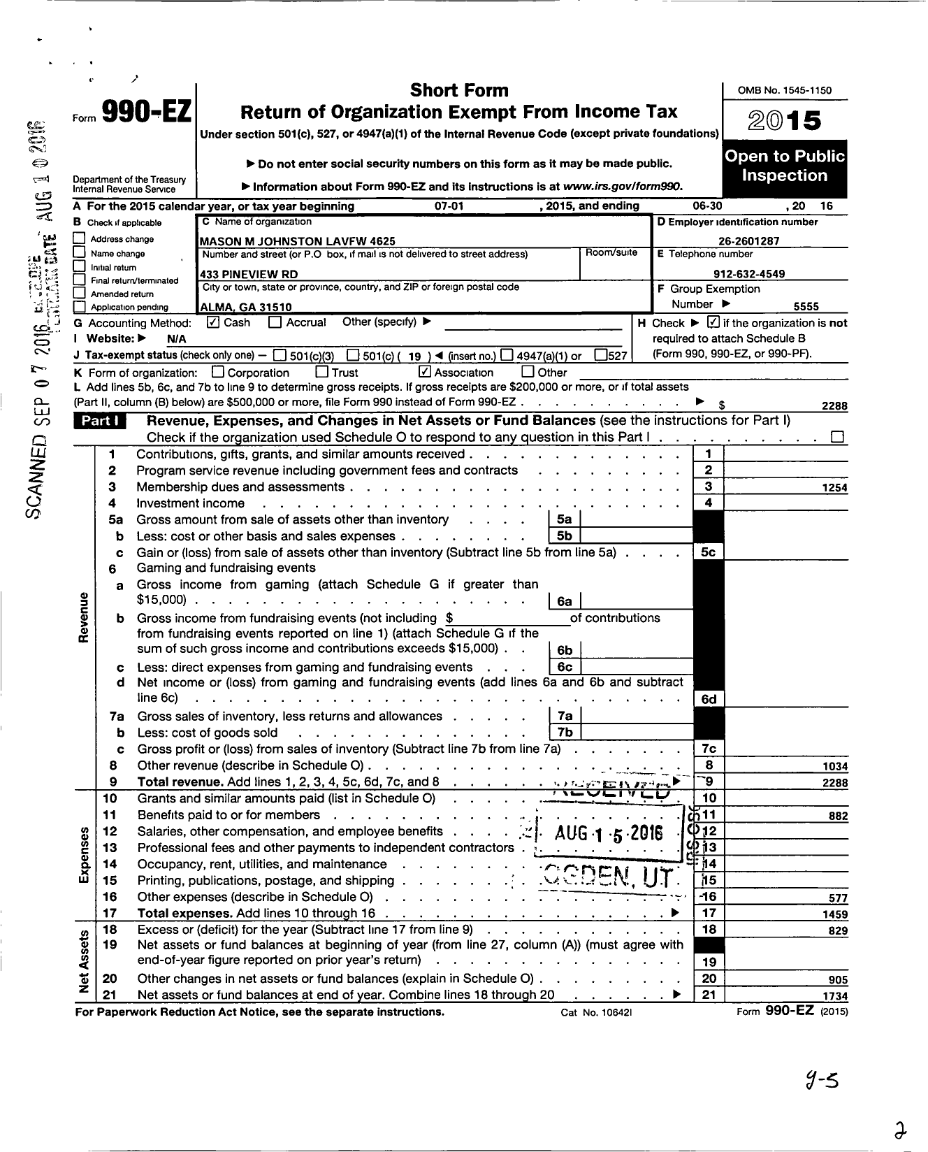 Image of first page of 2015 Form 990EO for Dept of Georgia Ladies Auxiliary To the VFW of the United States - 4625 Mason M Johnston Post