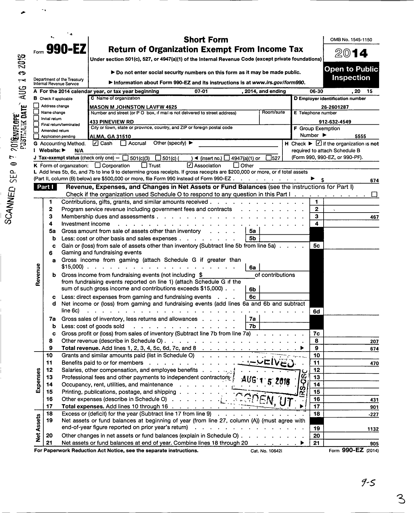 Image of first page of 2014 Form 990EO for Dept of Georgia Ladies Auxiliary To the VFW of the United States - 4625 Mason M Johnston Post