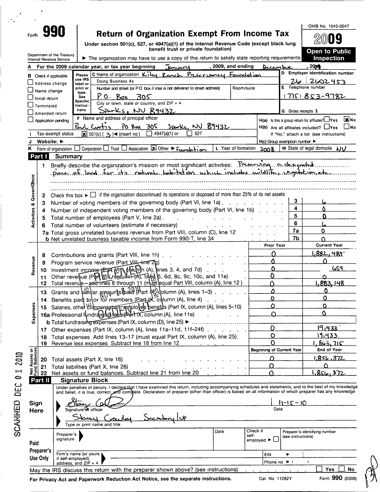 Image of first page of 2009 Form 990 for Kiley Ranch Preservancy Foundation