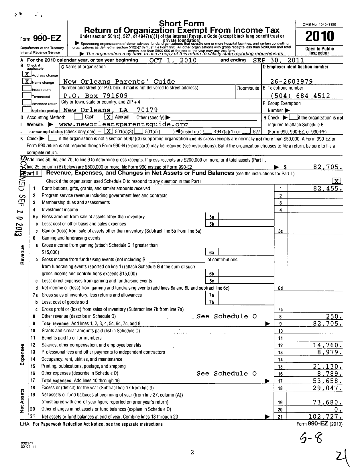 Image of first page of 2010 Form 990EZ for New Orleans Parents Guide
