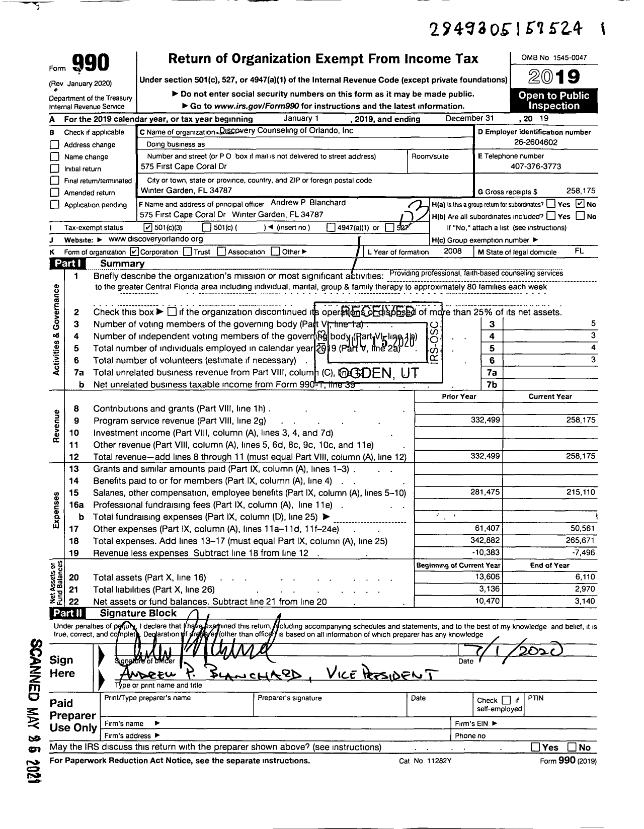 Image of first page of 2019 Form 990 for Discovery Counseling of Orlando