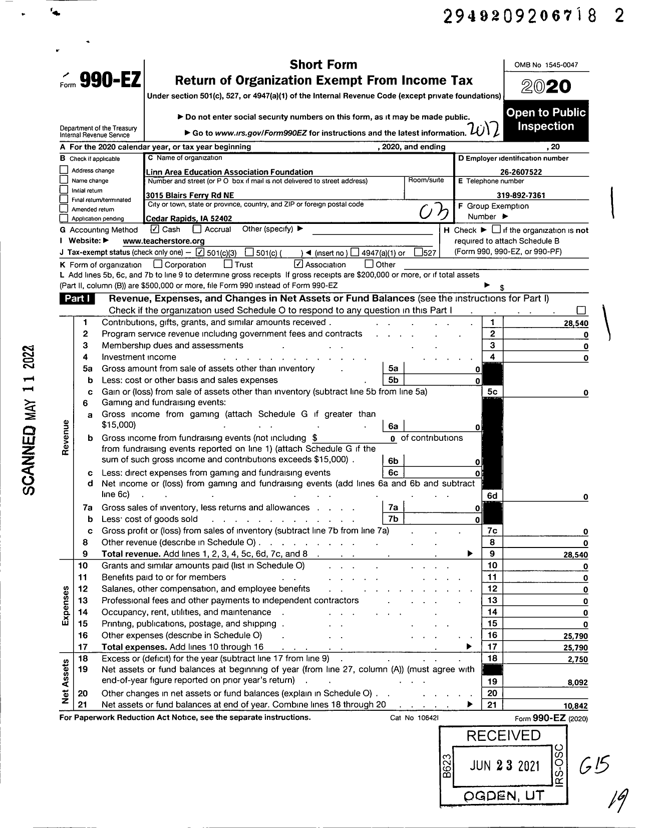 Image of first page of 2020 Form 990EZ for Linn Area Education Associations Community Foundation