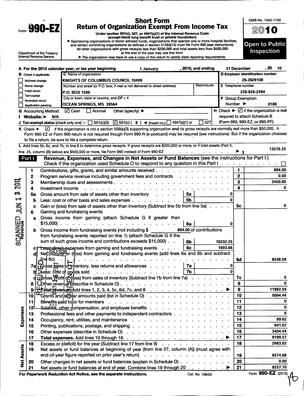 Image of first page of 2010 Form 990EO for Knights of Columbus - 10499 MSGR Gregory Kennedy Council