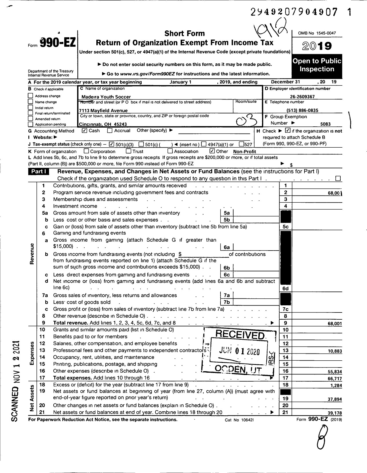 Image of first page of 2019 Form 990EZ for Soccer Association for Youth / Madeira Youth Soccer