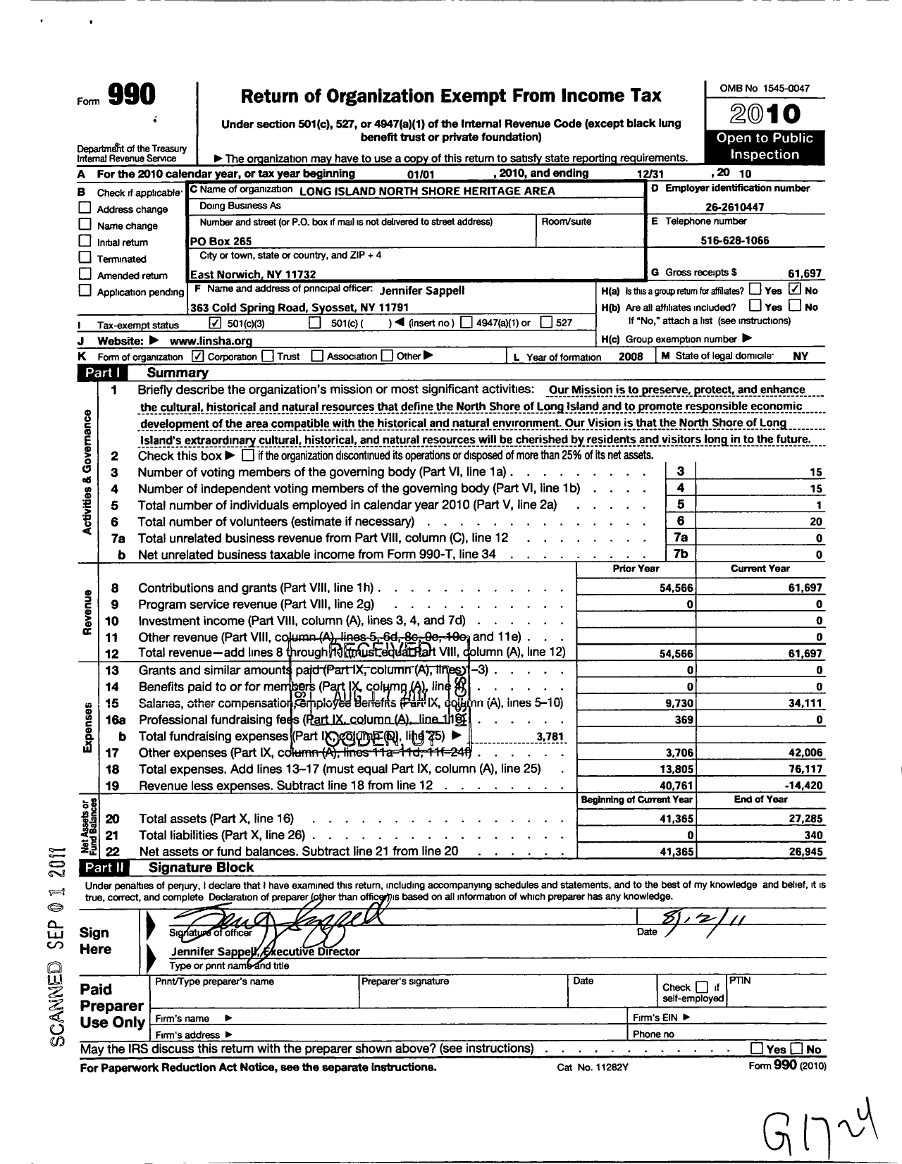 Image of first page of 2010 Form 990 for Long Island North Shore Heritage Area