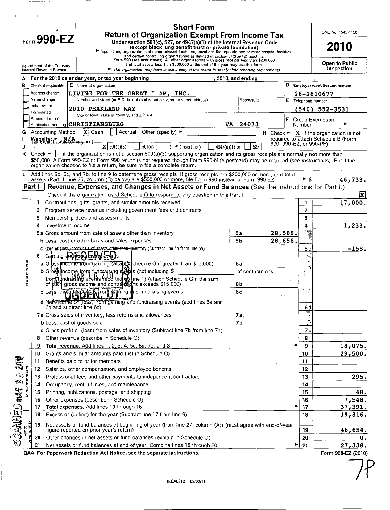 Image of first page of 2010 Form 990EZ for Living for the Great I Am