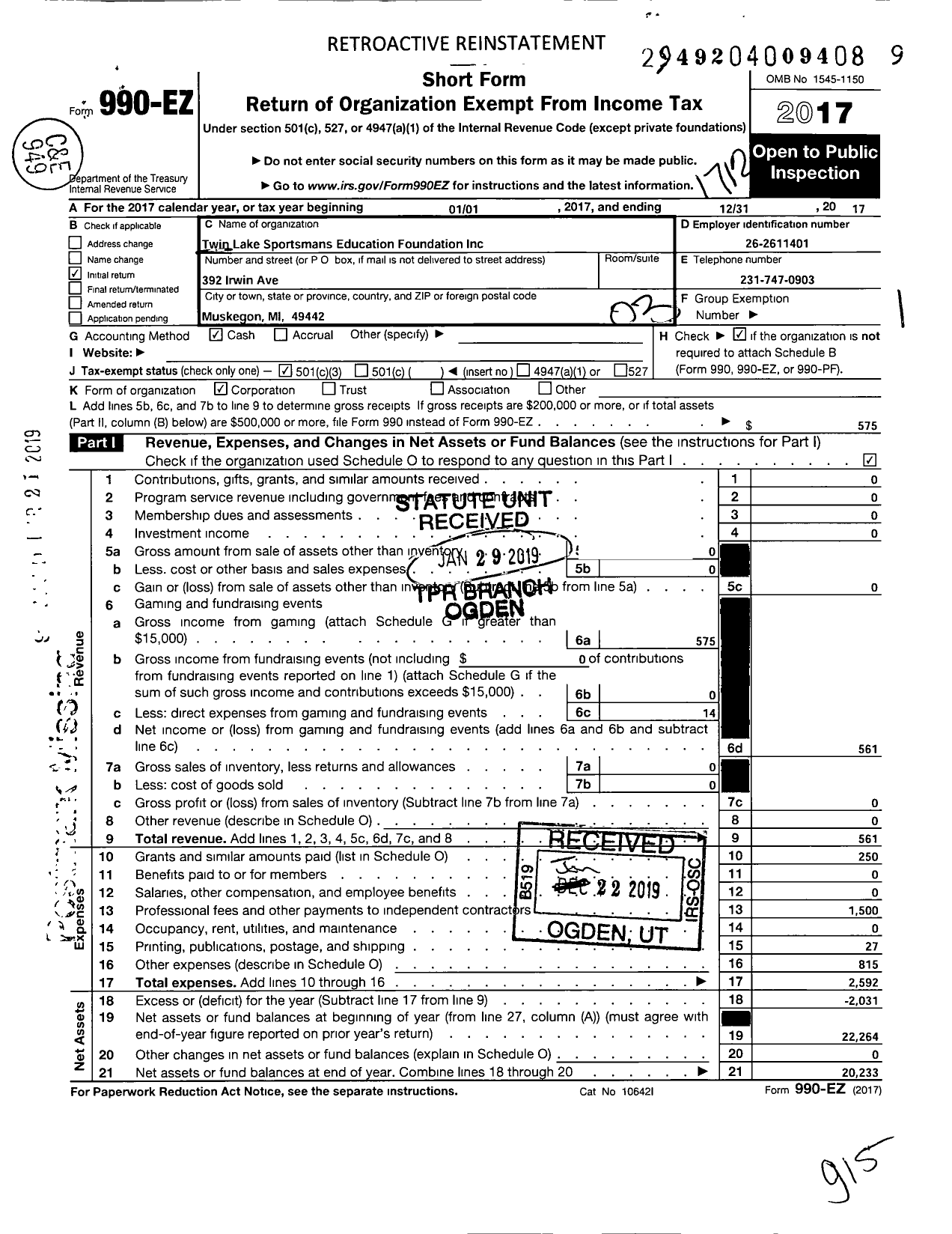 Image of first page of 2017 Form 990EZ for Twin Lake Sportsmans Education