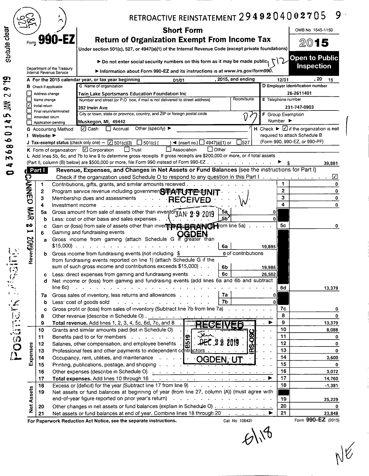 Image of first page of 2015 Form 990EZ for Twin Lake Sportsmans Education