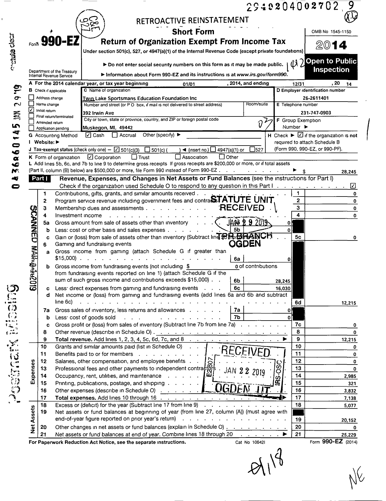 Image of first page of 2014 Form 990EZ for Twin Lake Sportsmans Education