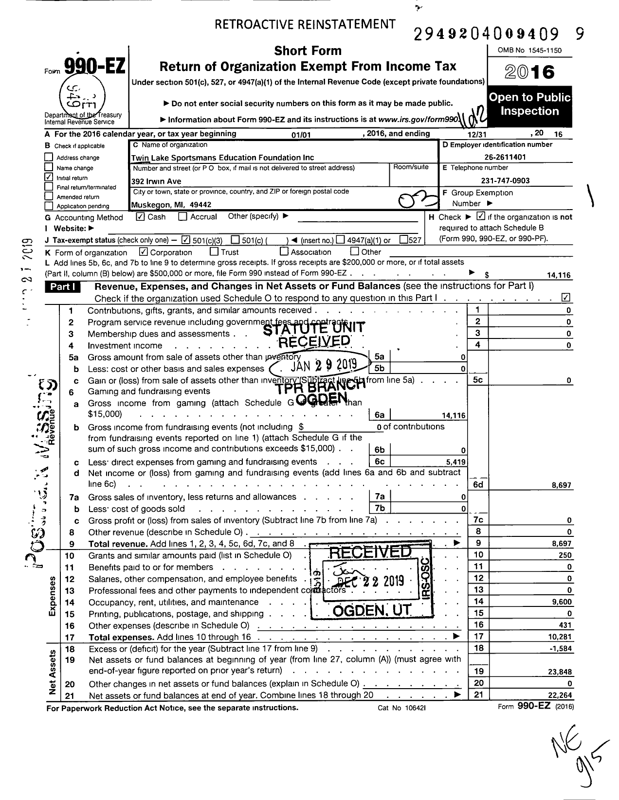 Image of first page of 2016 Form 990EZ for Twin Lake Sportsmans Education