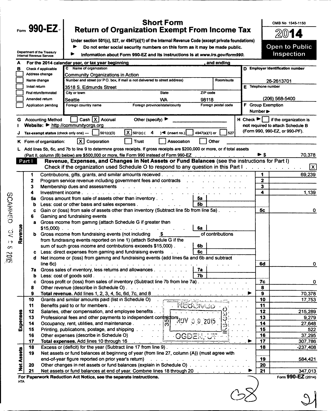 Image of first page of 2014 Form 990EO for People's Action