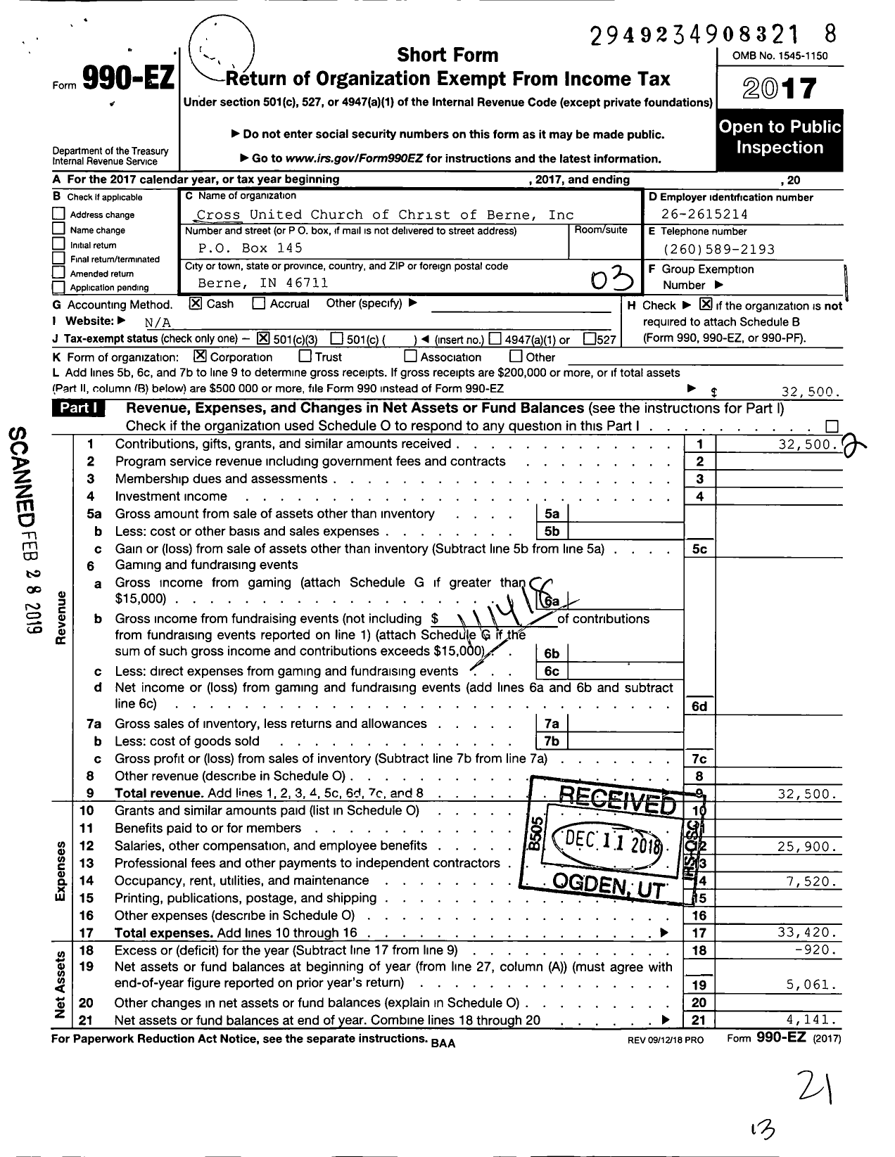 Image of first page of 2017 Form 990EZ for Cross United Church of Christ of Berne