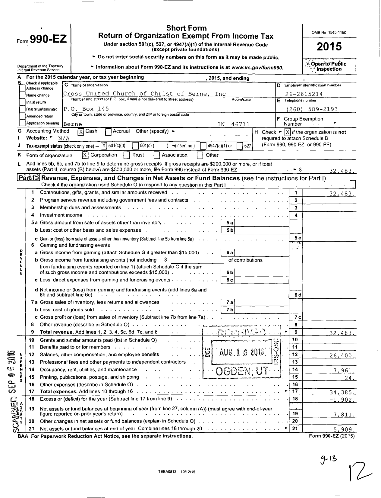 Image of first page of 2015 Form 990EZ for Cross United Church of Christ of Berne