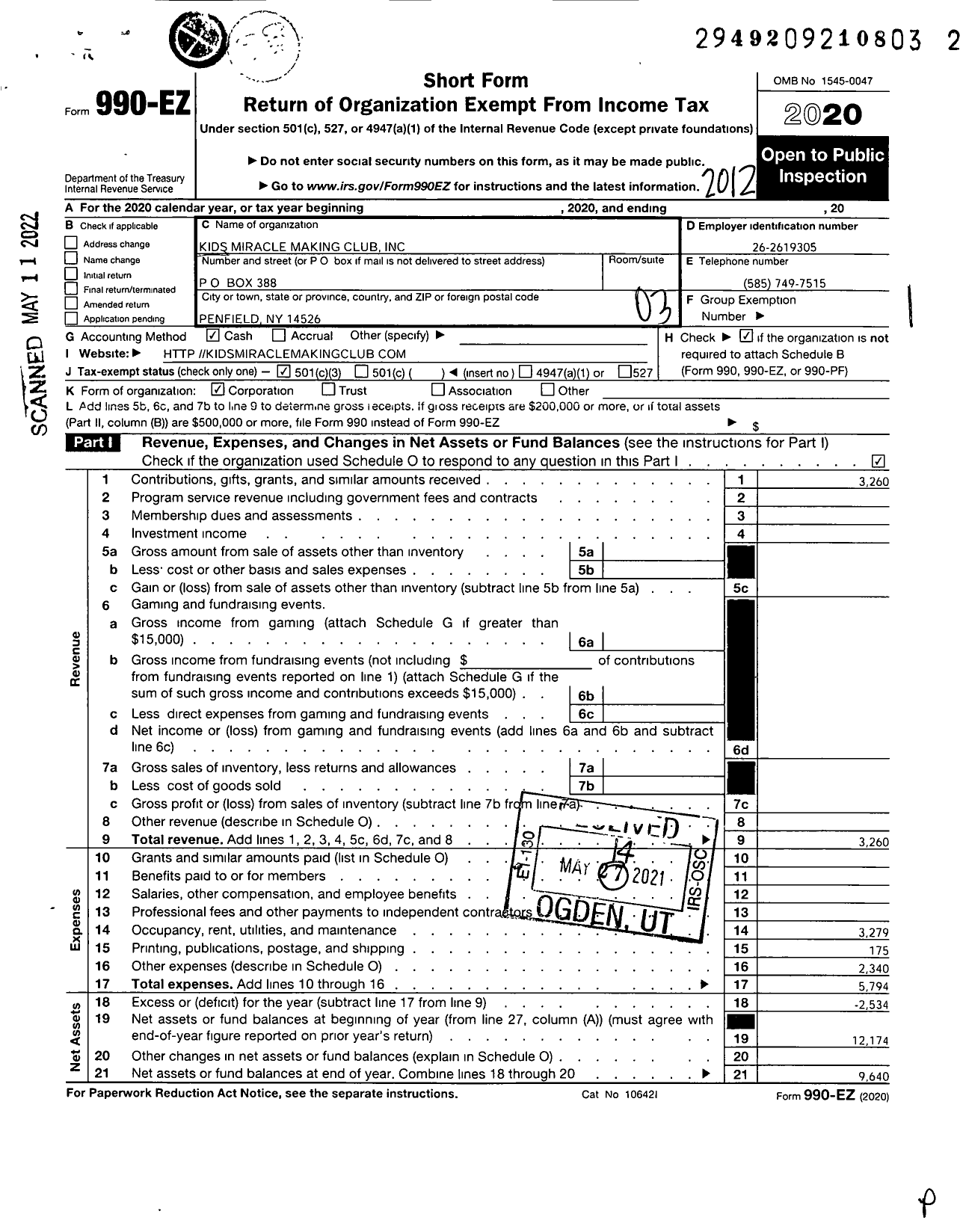 Image of first page of 2020 Form 990EZ for Kids Miracle Making Club