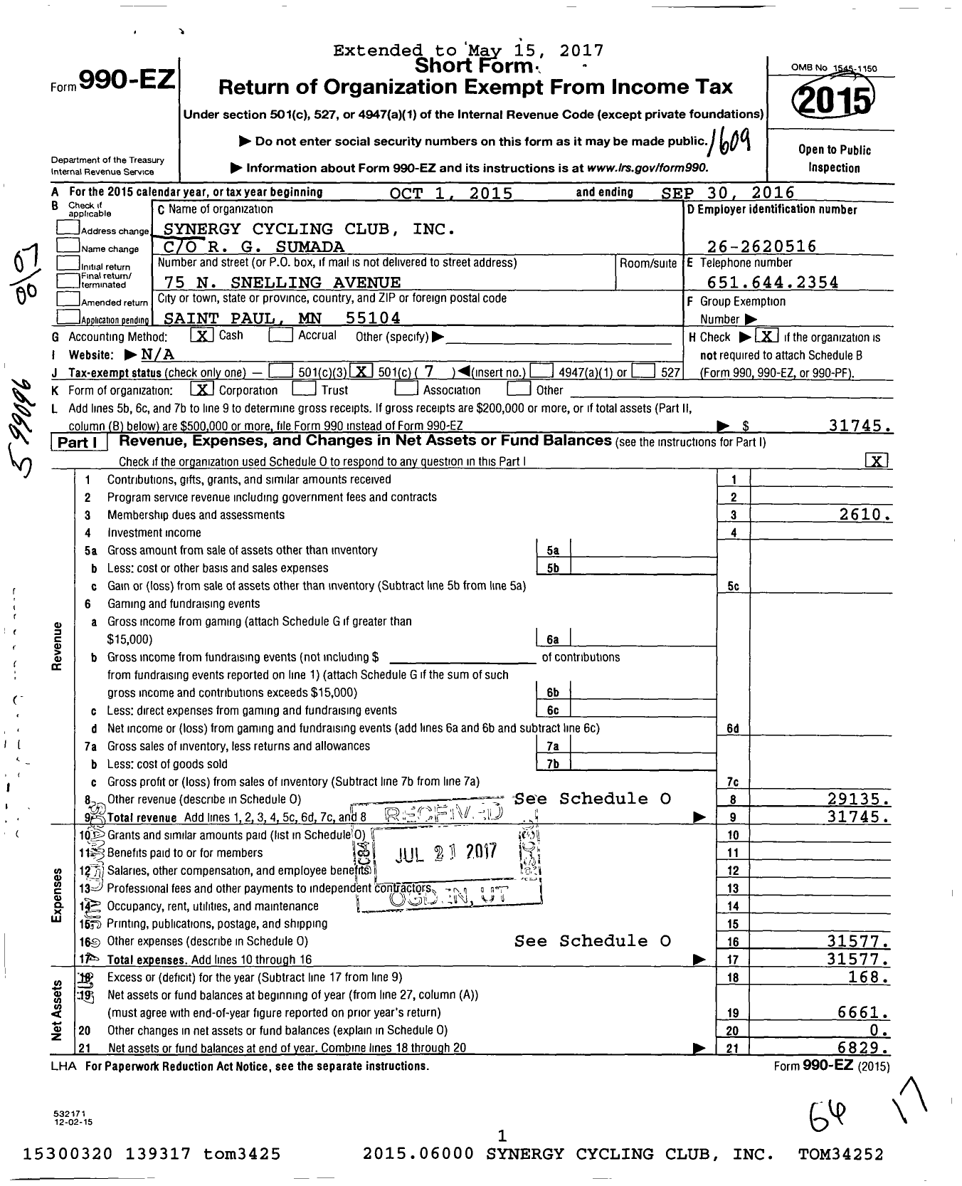 Image of first page of 2015 Form 990EO for Synergy Cycling Club