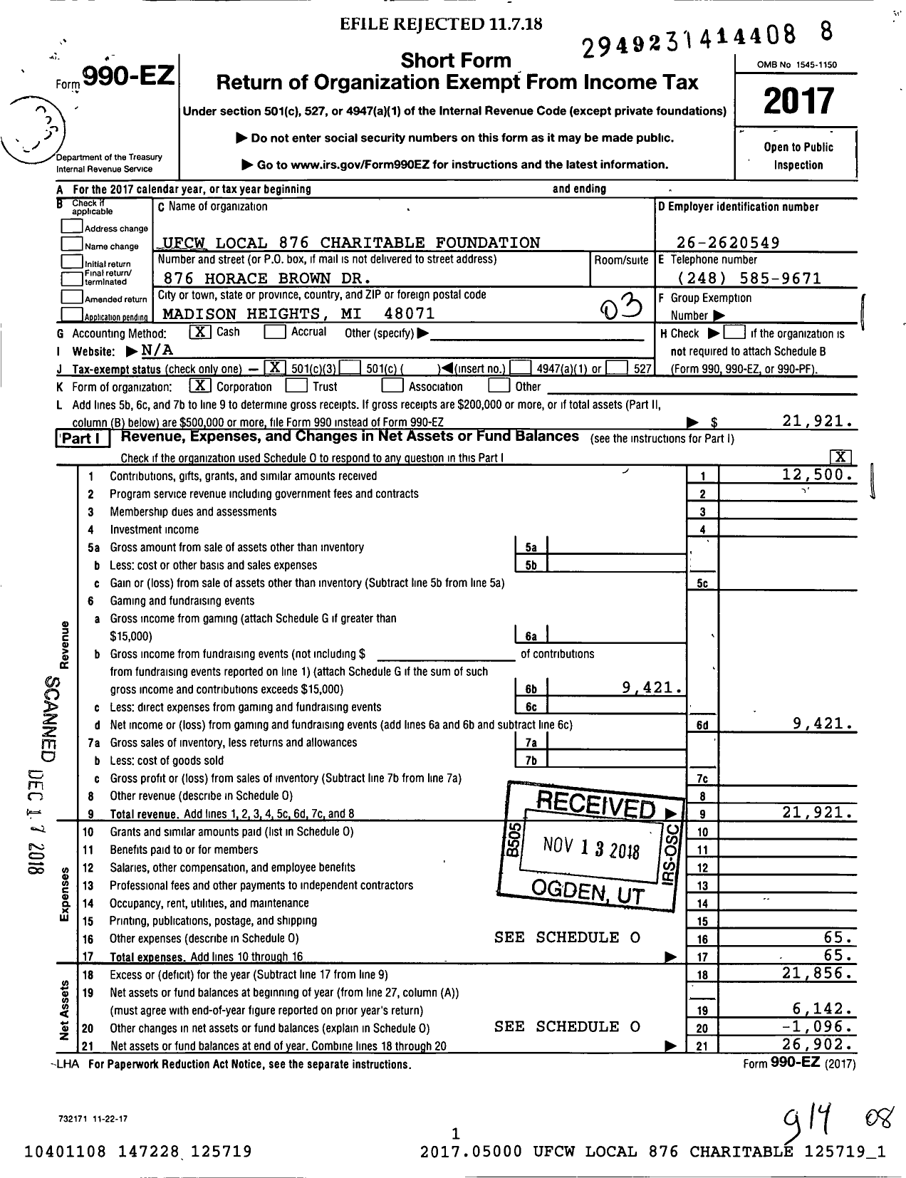 Image of first page of 2017 Form 990EZ for United Food and Commercial Workers Local 876 Charitable Foundation