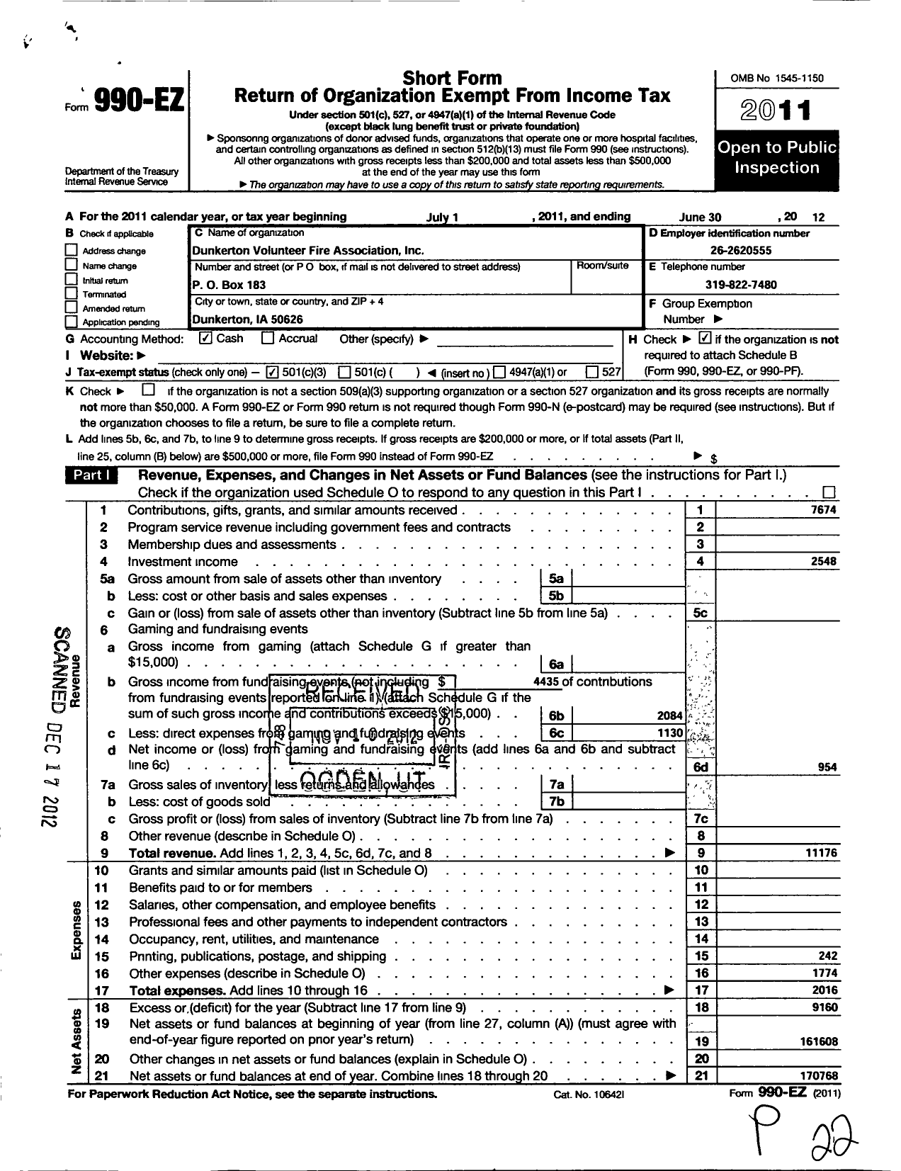 Image of first page of 2011 Form 990EZ for Dunkerton Volunteer Fire Association