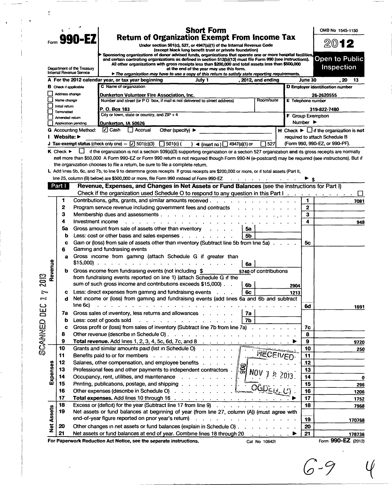 Image of first page of 2012 Form 990EZ for Dunkerton Volunteer Fire Association