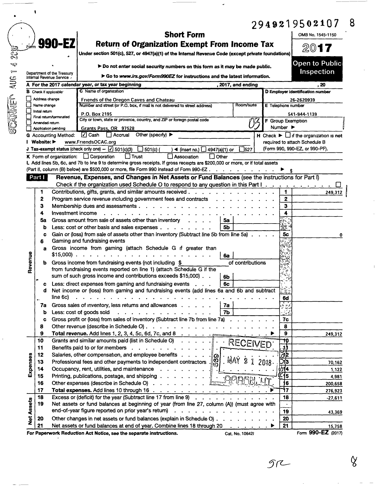 Image of first page of 2017 Form 990EZ for Friends of the Oregon Caves and Chateau