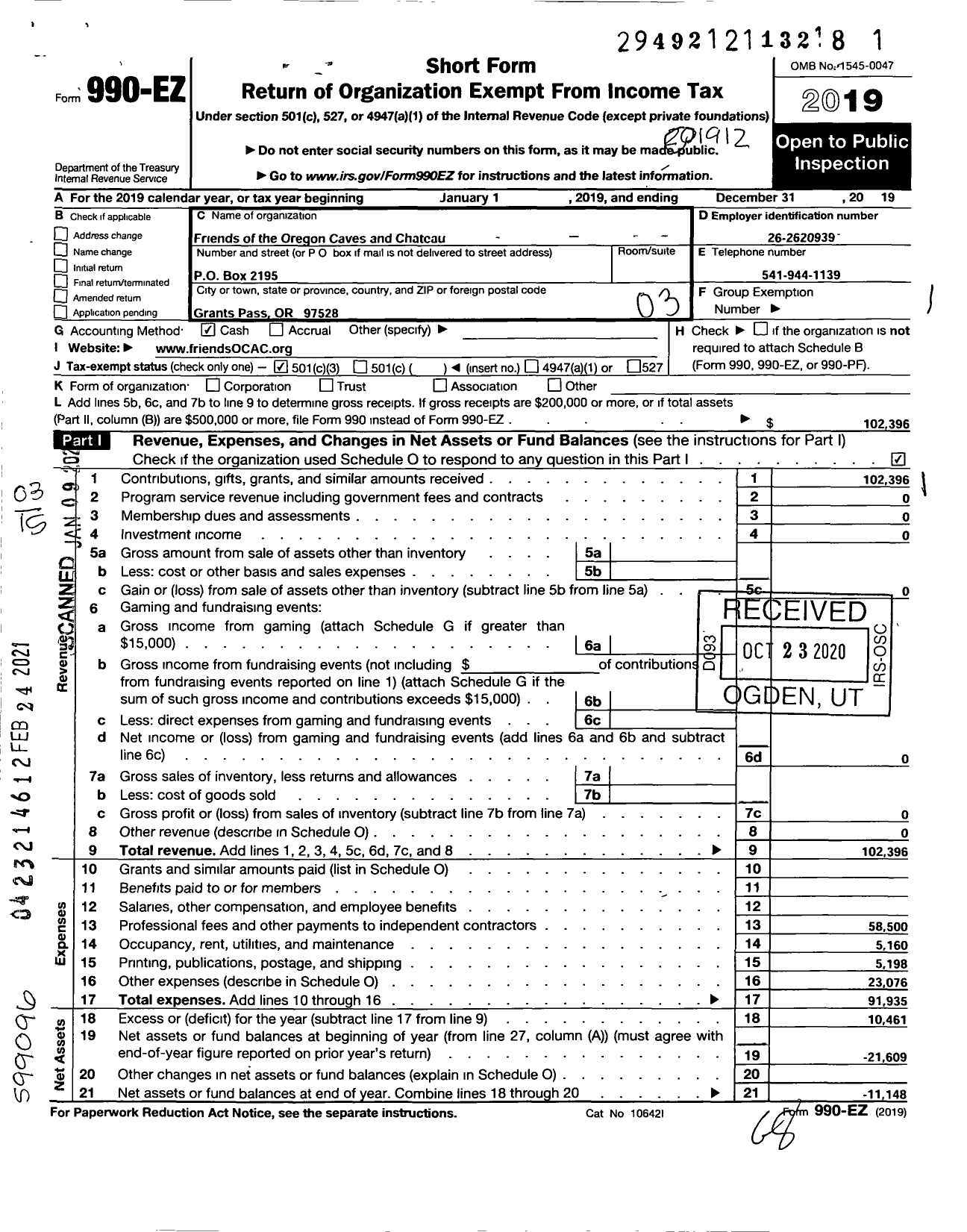 Image of first page of 2019 Form 990EZ for Friends of the Oregon Caves and Chateau