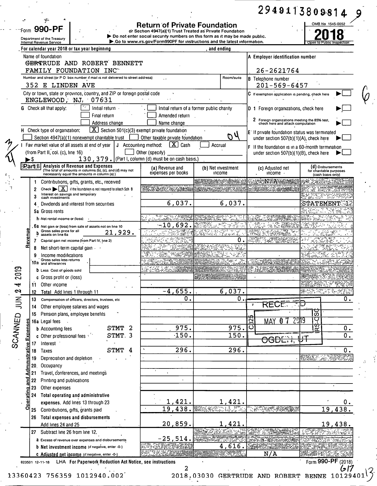 Image of first page of 2018 Form 990PF for Gertrude and Robert Bennett Family Foundation