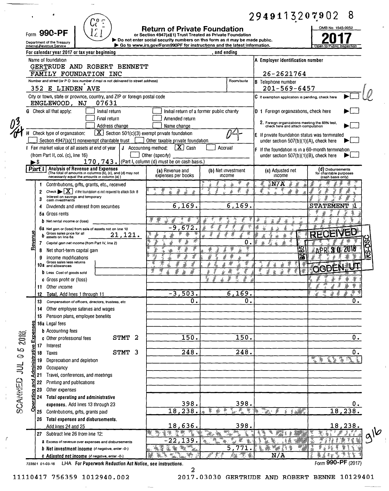 Image of first page of 2017 Form 990PF for Gertrude and Robert Bennett Family Foundation