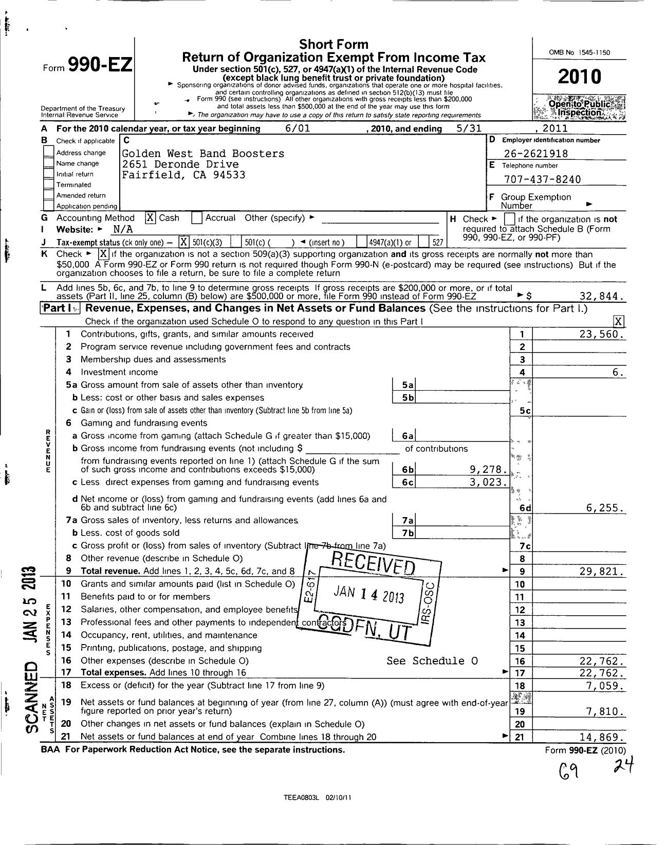 Image of first page of 2010 Form 990EZ for Golden West Band Boosters