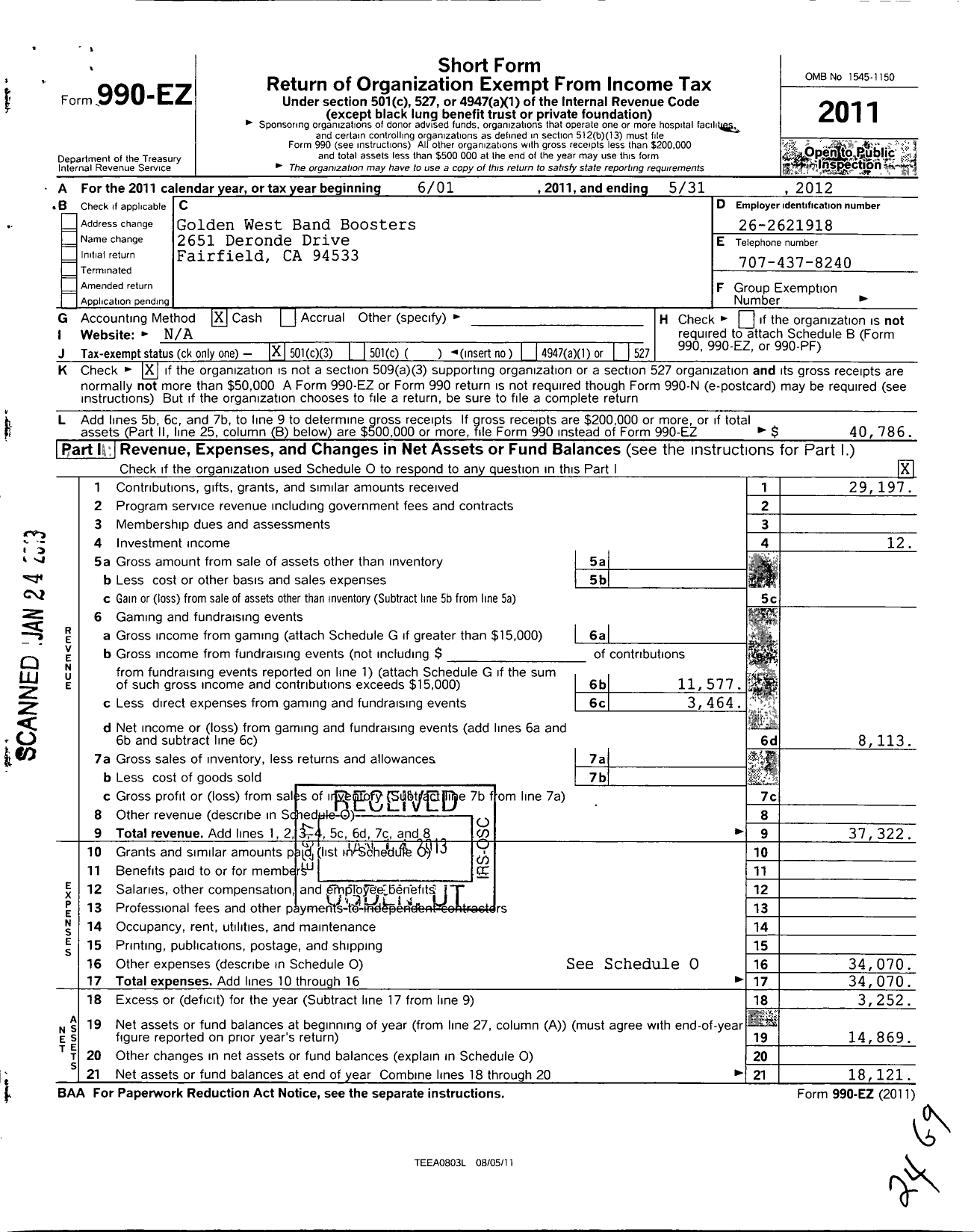 Image of first page of 2011 Form 990EZ for Golden West Band Boosters