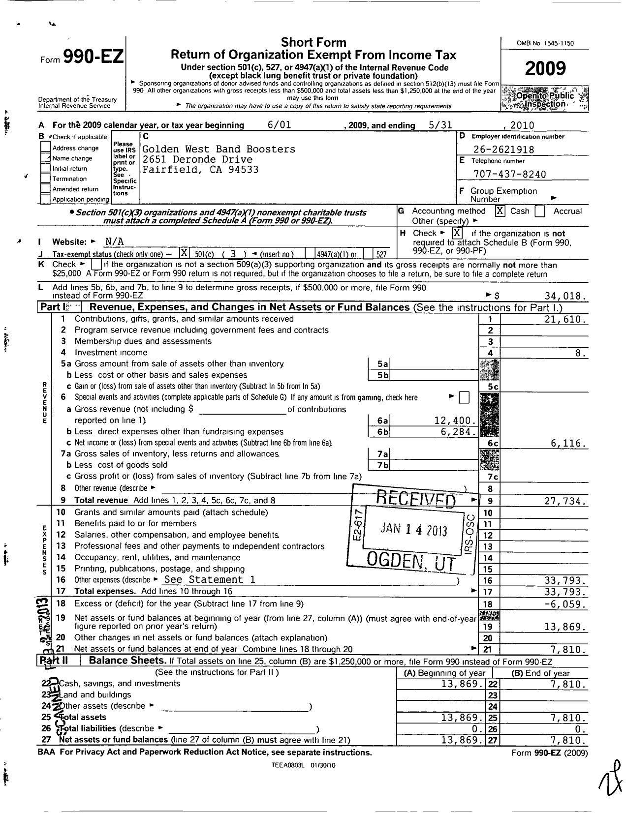 Image of first page of 2009 Form 990EZ for Golden West Band Boosters