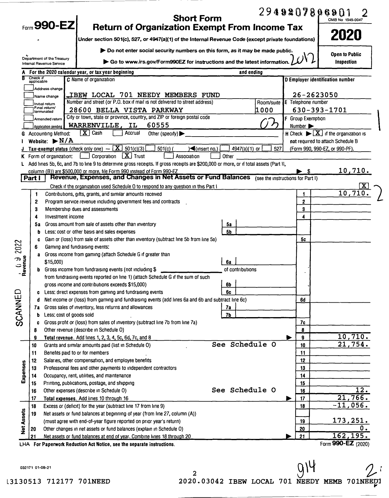 Image of first page of 2020 Form 990EZ for IBEW Local 701 Needy Members Fund